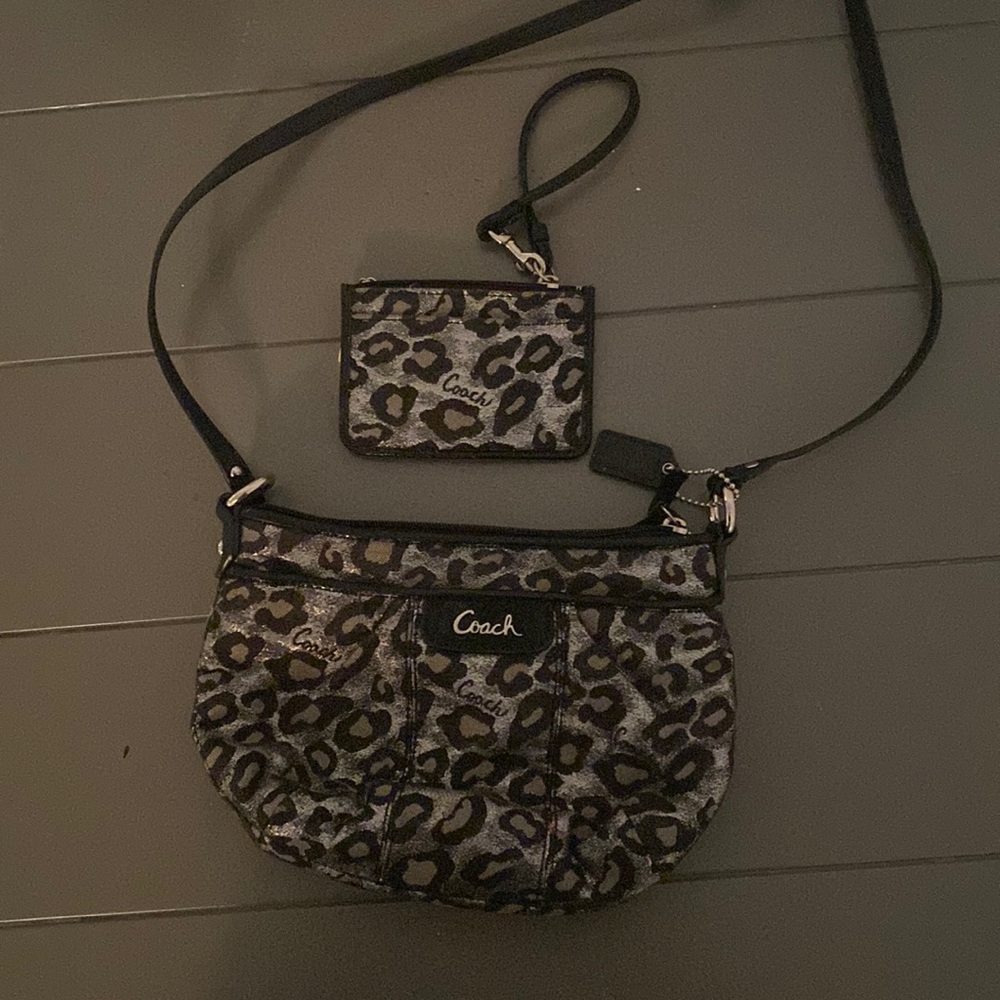 Snow leopard coach crossbody with matching card holder